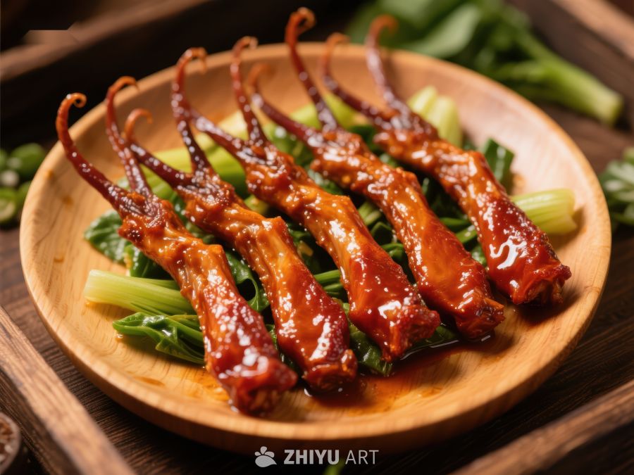 酱汁鸭舌配青菜摆盘