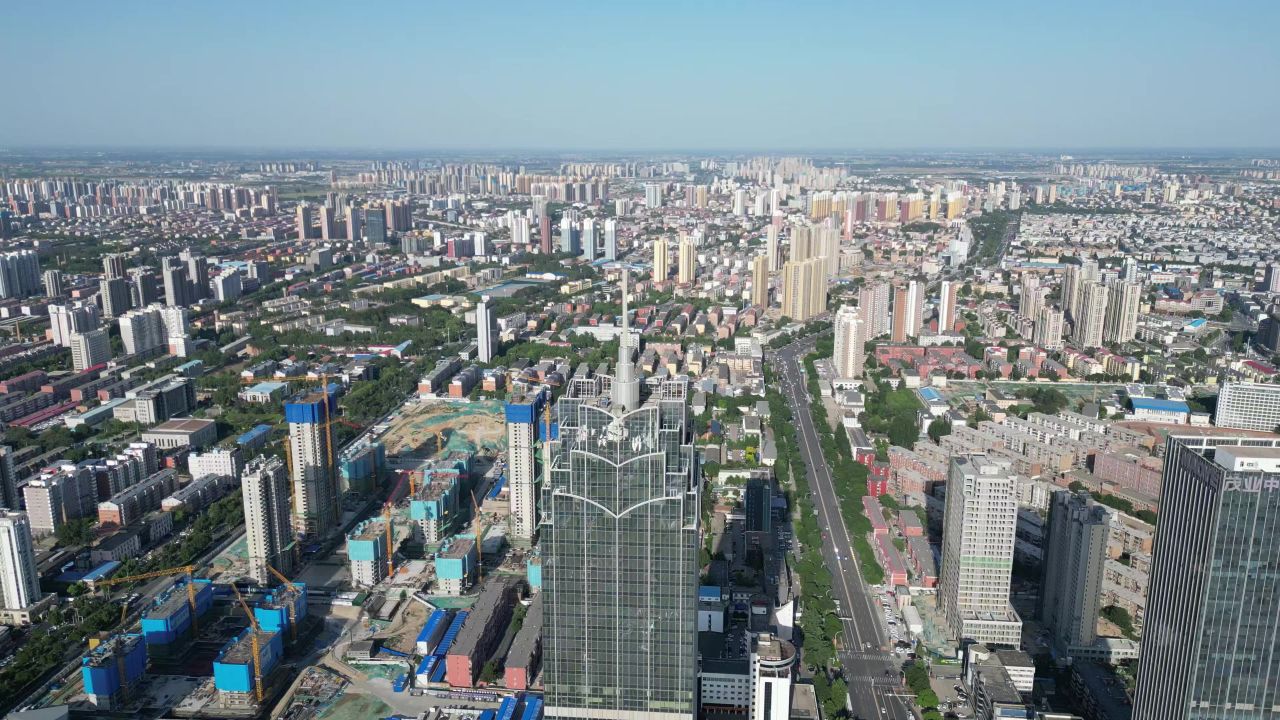 航拍河北保定城市天际线万博广场