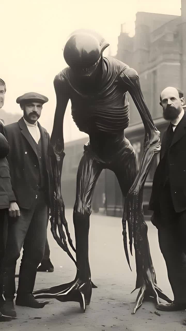 一个外星生物站在两个穿深色服装的男人中间，该外星生