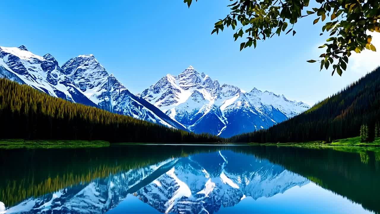 仰视视角拍摄了一座雄伟的山脉，山峰白雪皑皑，直插湛