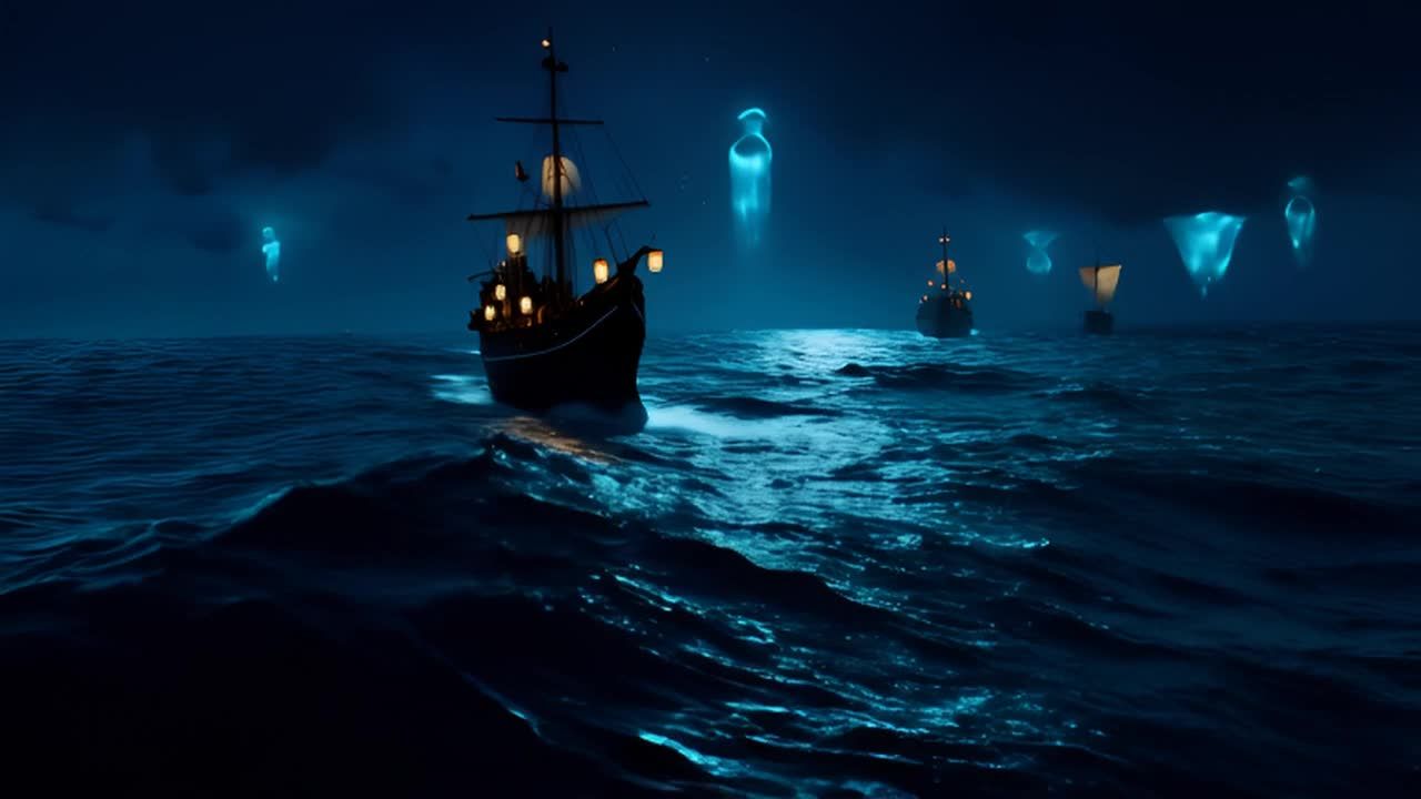 夜晚，波涛汹涌的海面上有三艘帆船正在航行。海面泛起