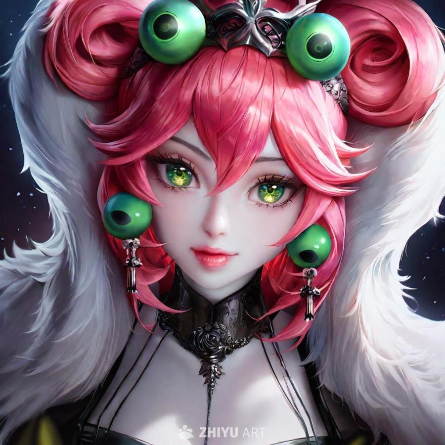一个皮肤苍白、绿眼睛的少女，留着粉色的头发，穿着连