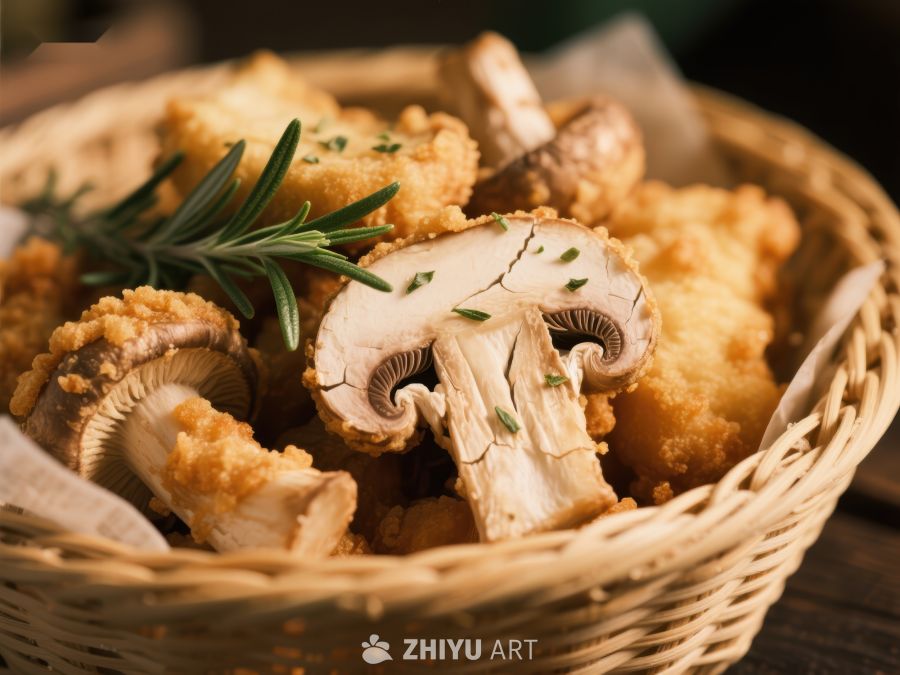 篮中金黄酥脆的炸蘑菇
