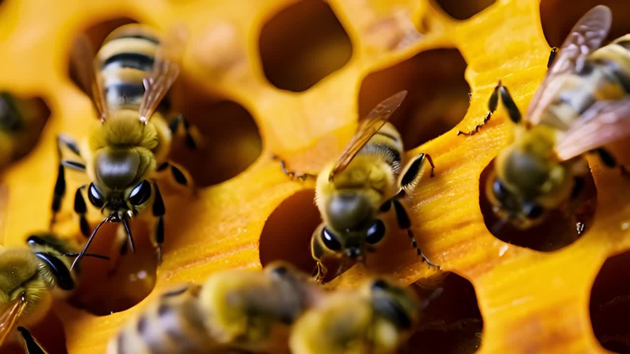多只蜜蜂在蜂巢内活动，蜜蜂身体为黄色和黑色条纹状，