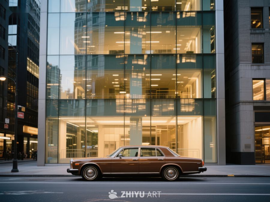 复古轿车停在现代玻璃建筑前 36