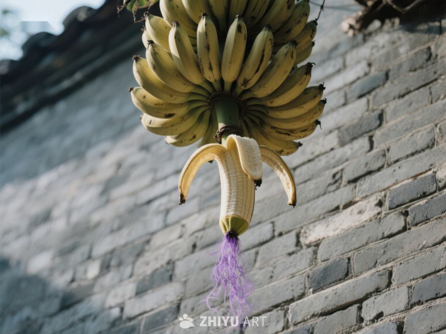 悬挂的香蕉串与紫色花蕊 718