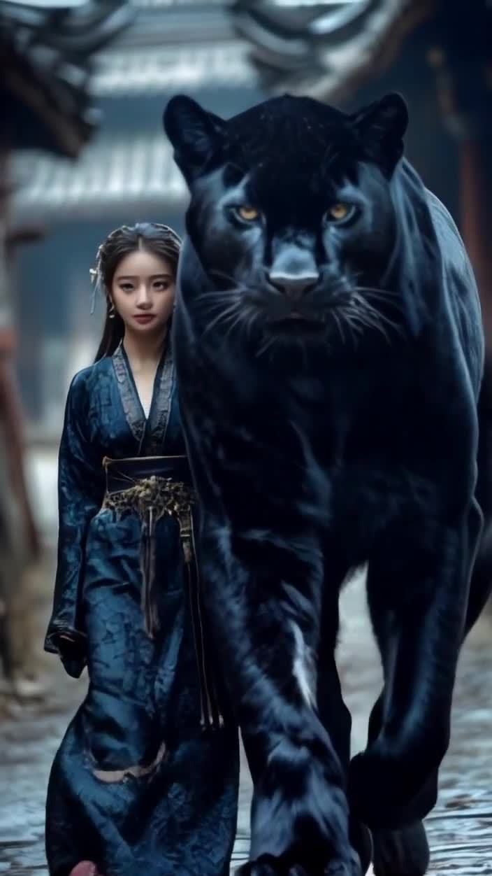 女子与黑豹同行，穿行于古典街道之中。