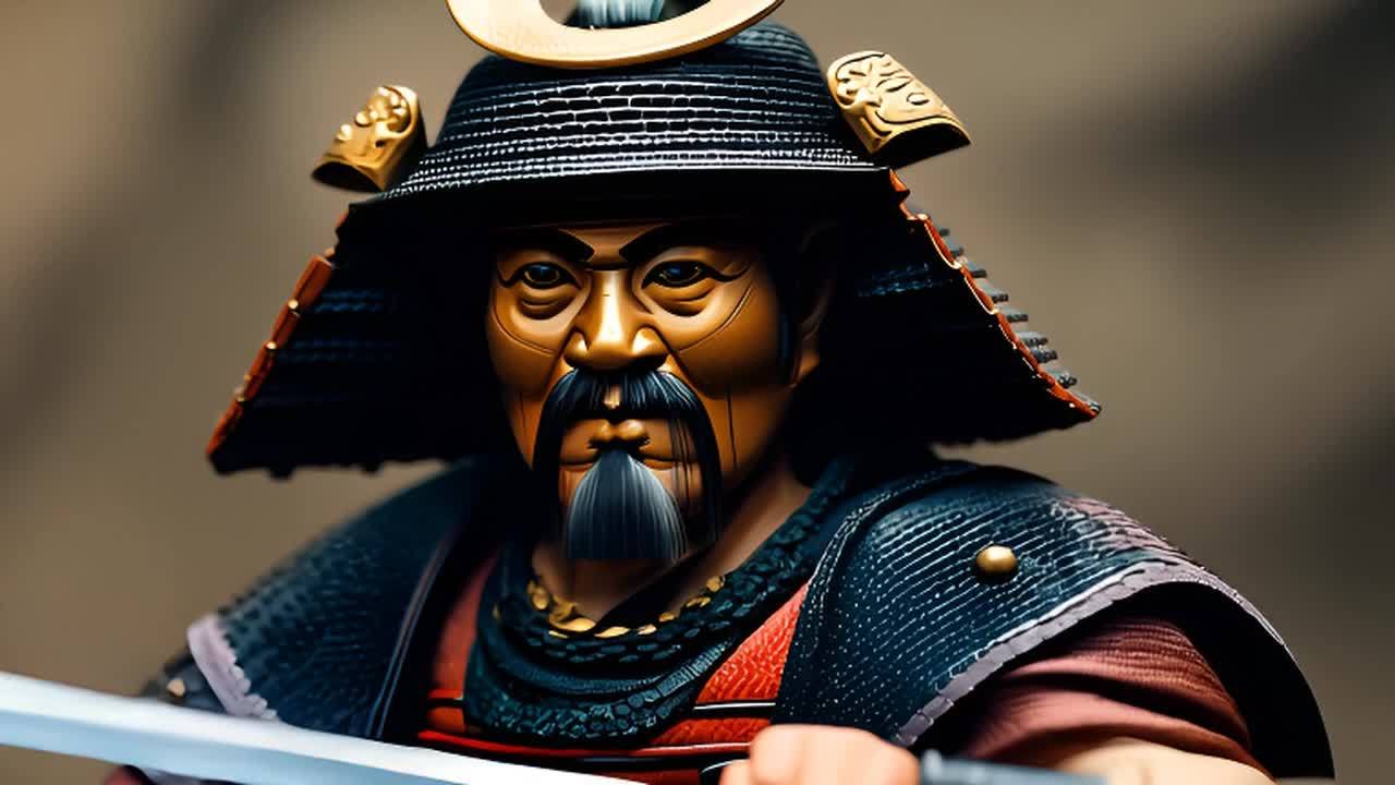 一个日本武士戴着黑色头盔，头盔上有金色装饰。他有着