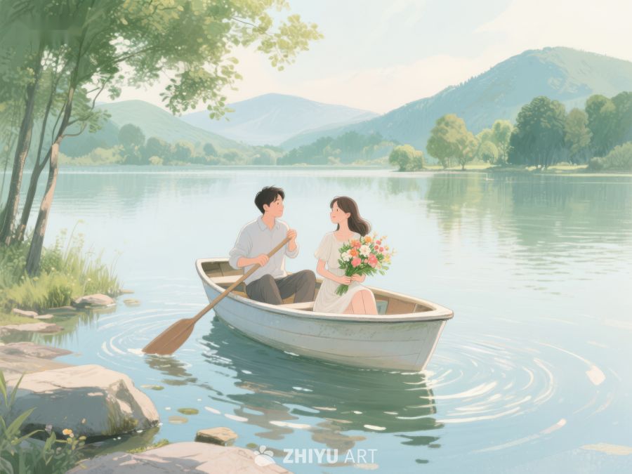 湖上划船的浪漫情侣 297