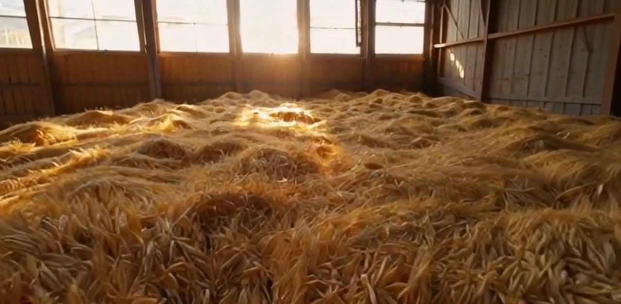 阳光照耀下粮仓堆满金黄的粮食