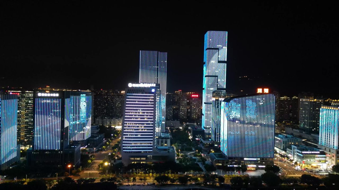 航拍福建福州金融街高楼夜景