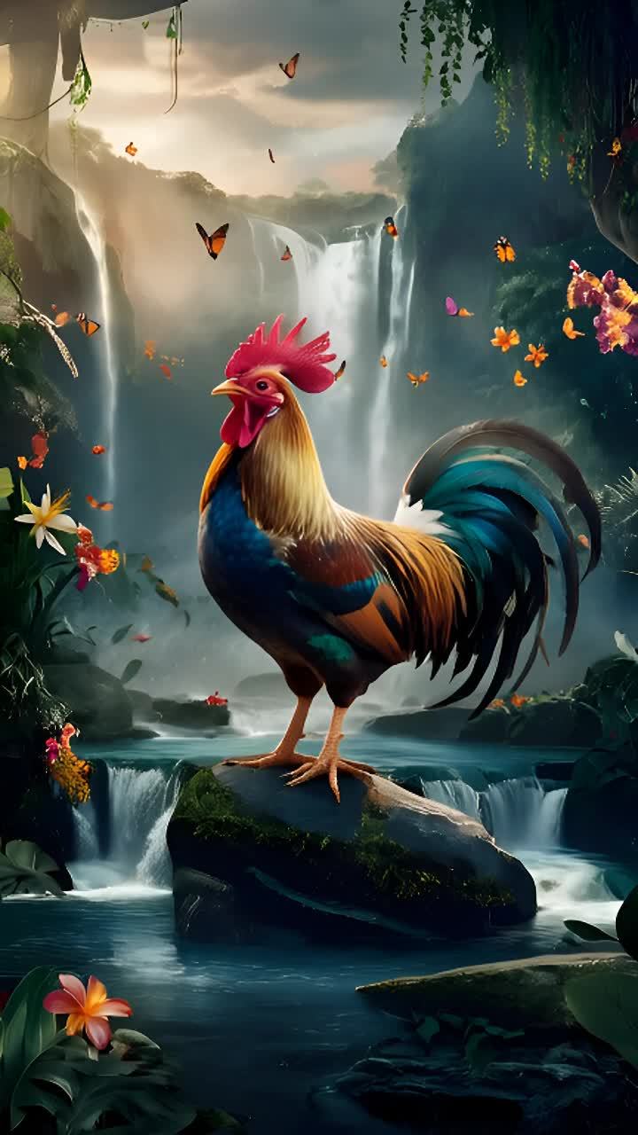 公鸡站在岩石上，凝视着瀑布。瀑布如丝绸般顺滑地倾泻