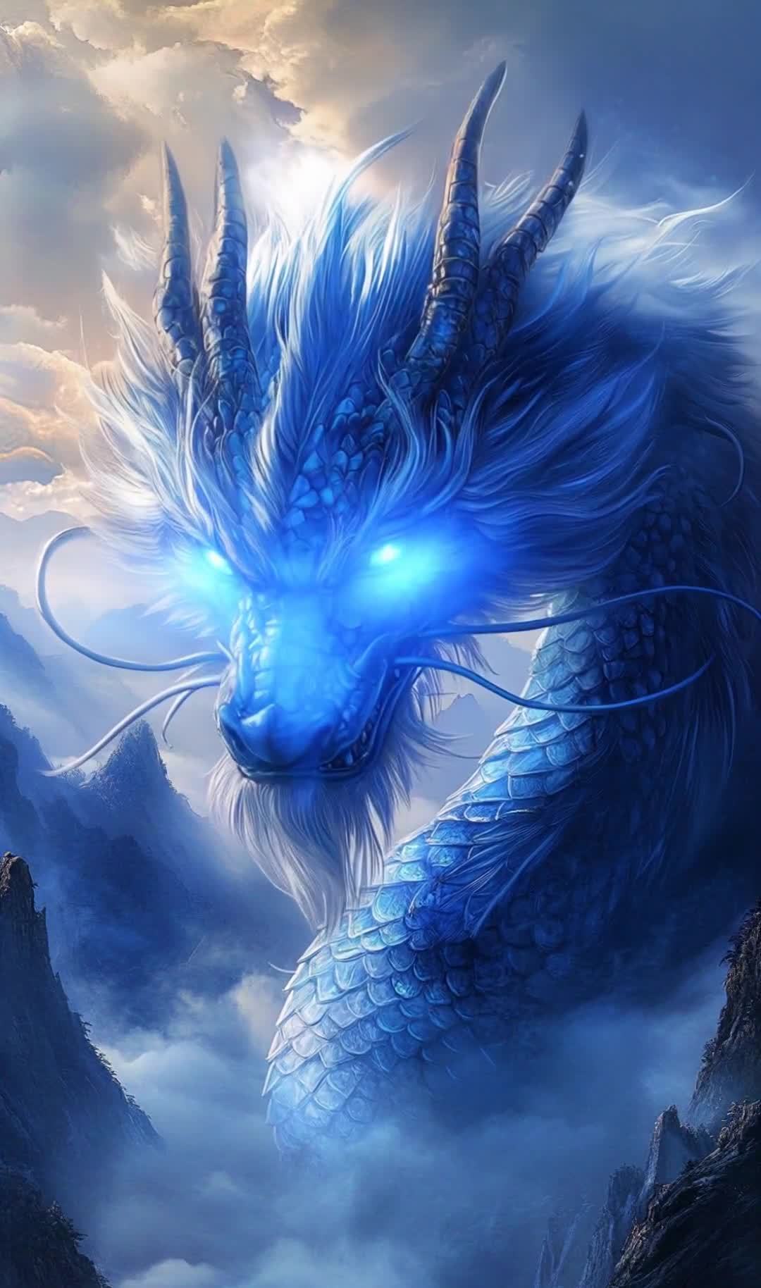 云雾缭绕山脉中，蓝色鳞片巨龙低头，蓝眼闪耀白雾缭绕