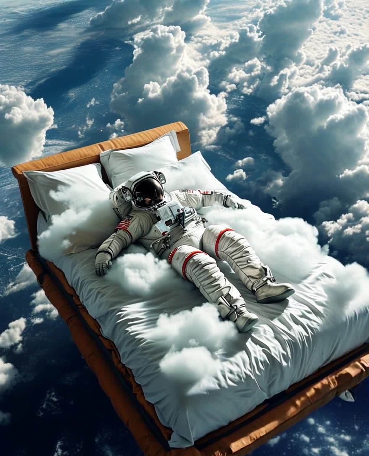 一名宇航员穿着太空服躺在一张漂浮在云层之上的床上。