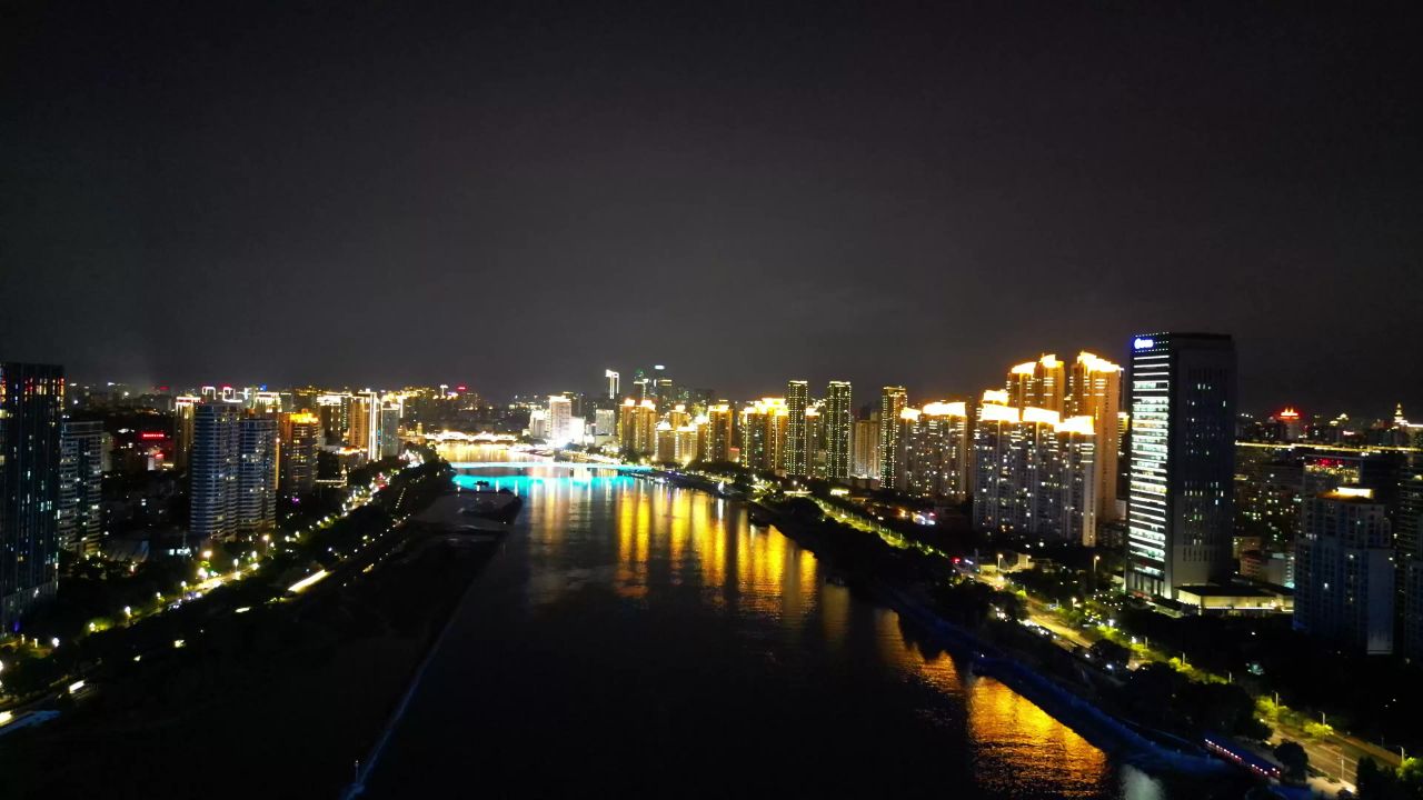  航拍福建福州闽江两岸夜景灯光