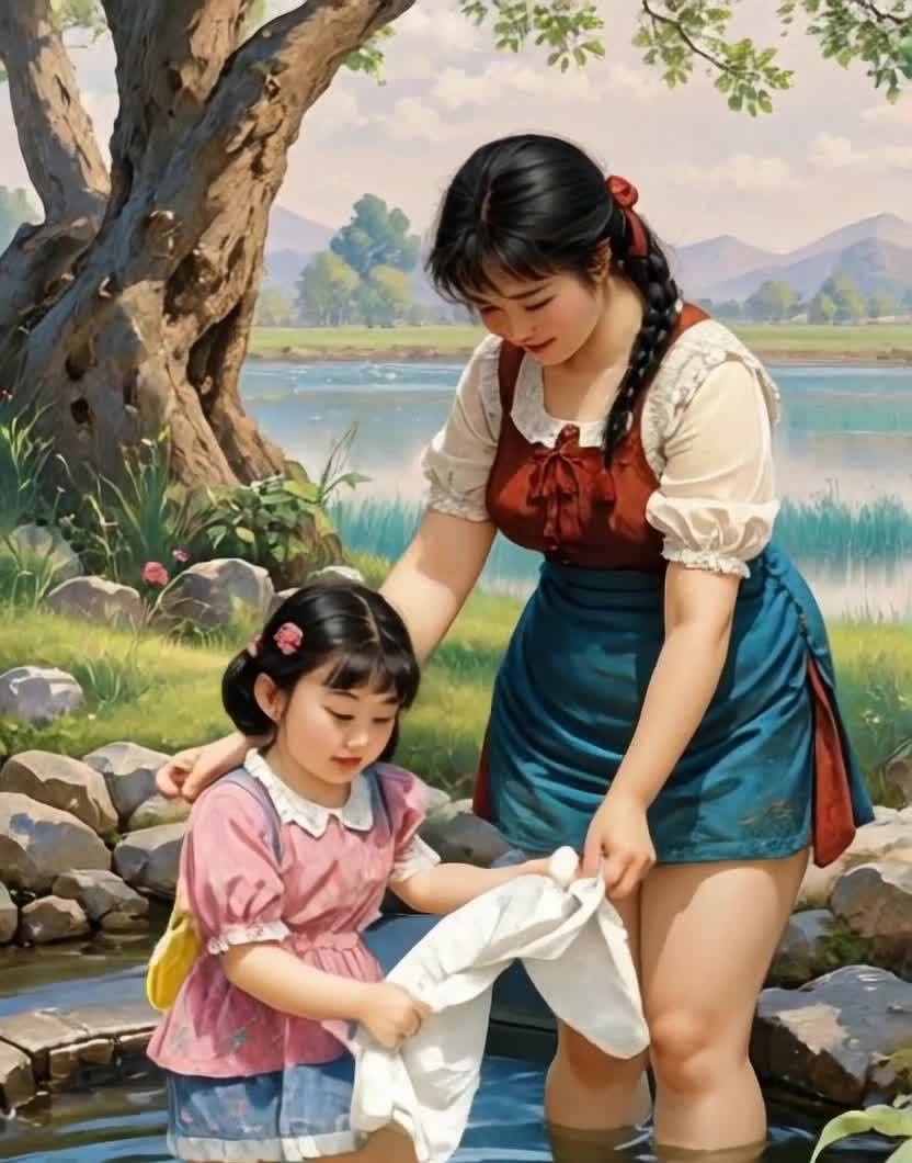 一个女人和一个小女孩站在水边。女人穿着红色上衣和蓝
