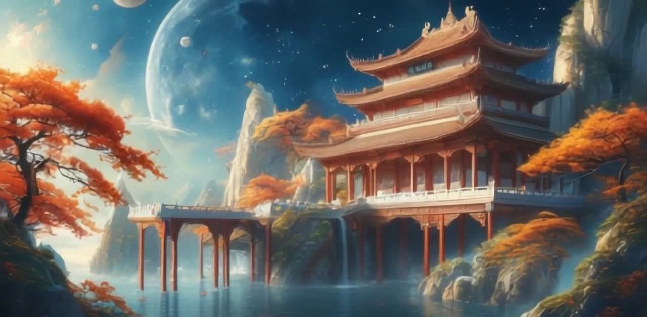 一座古色古香的楼阁坐落于山水之间。楼阁为多层结构，