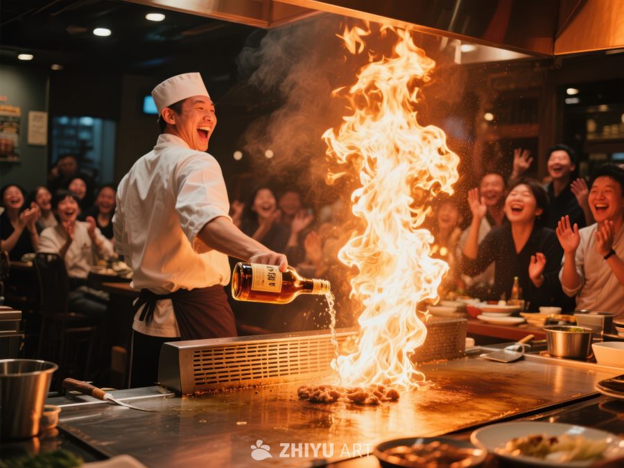 厨师火焰烹饪，宾客欢呼雀跃 99