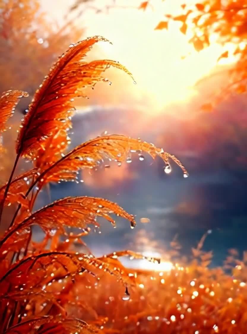 阳光下带水珠的橙色芦苇草