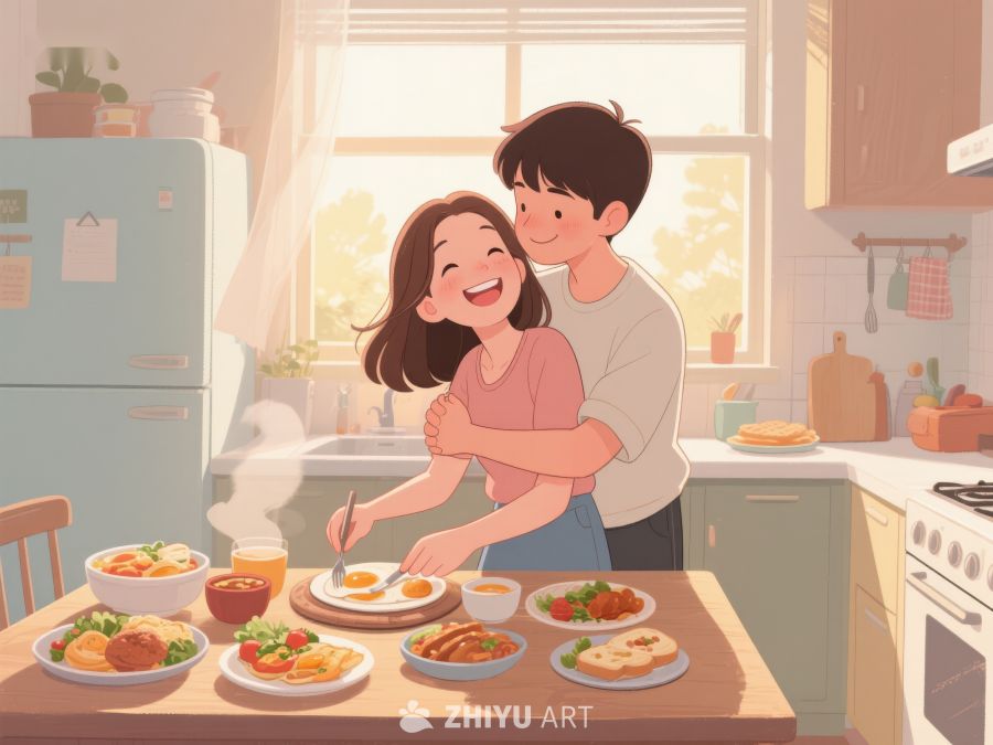 厨房温馨时刻：共享美食与拥抱 33
