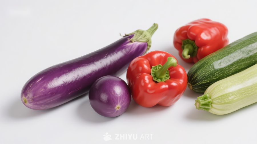 新鲜蔬菜展示：茄子、甜椒与黄瓜