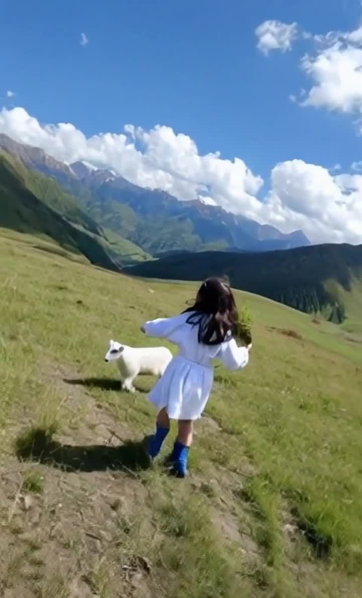 山坡上的女孩和小羊，蓝天白云下的田园风光