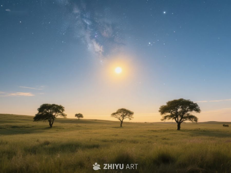 草原夜景：星空与孤树 3