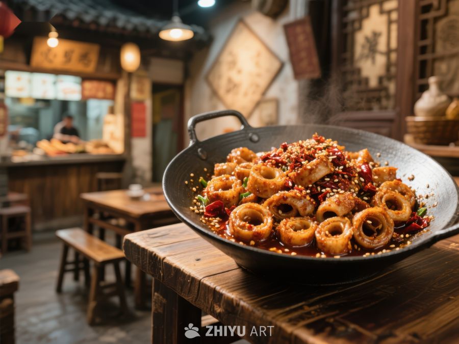 香辣鱿鱼锅，传统中式餐馆美食