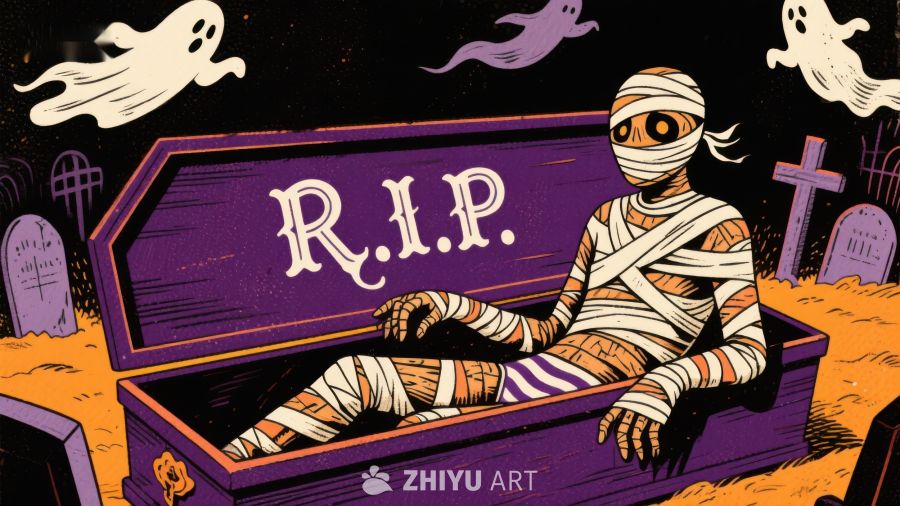 木乃伊坐在棺材中，背景飘着幽灵