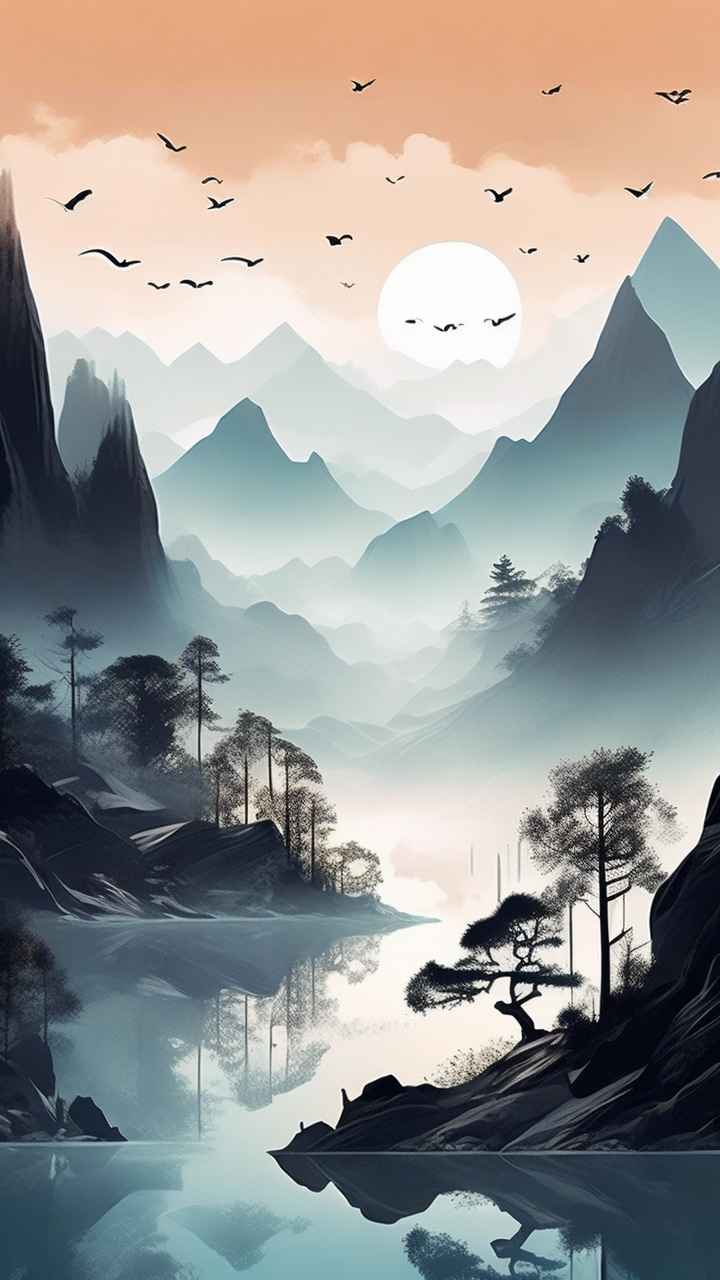国风水彩画山水风景插画 98