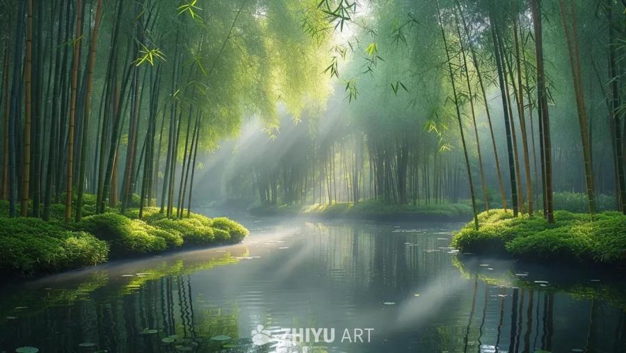 茂密的竹林中，阳光穿透树叶，在长满青苔的地面上投下