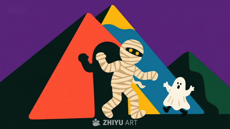 万圣节角色在彩色山前跳舞
