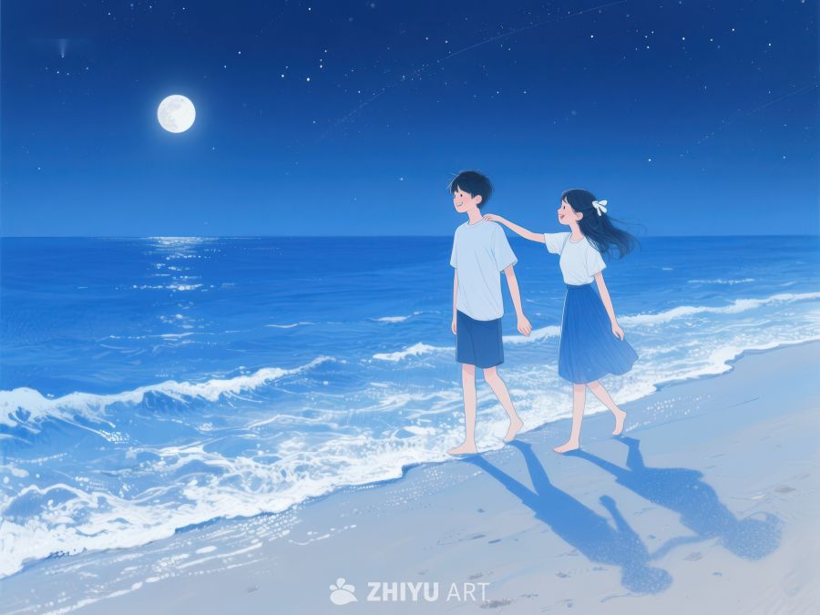 月夜海滩漫步的两人 1157