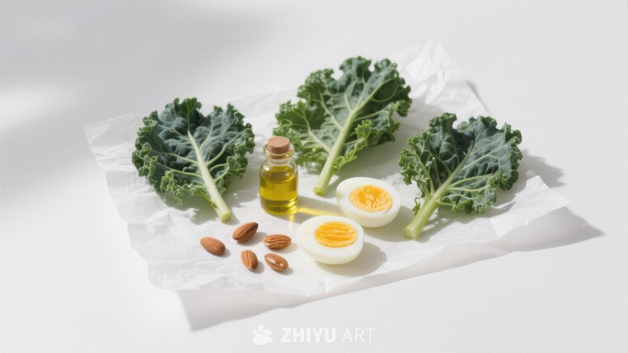 健康食材组合：羽衣甘蓝、鸡蛋与坚果