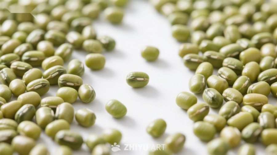 新鲜绿豆散落桌面