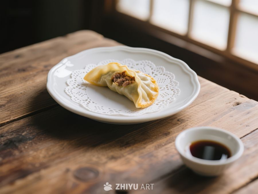 精致煎饺配酱油碟，木质桌面温馨呈现 403