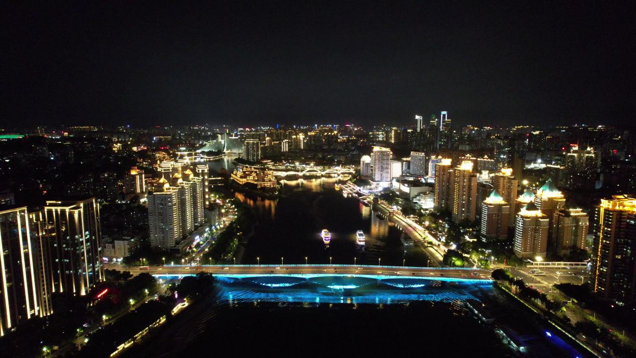 福建福州闽江两岸夜景航拍 