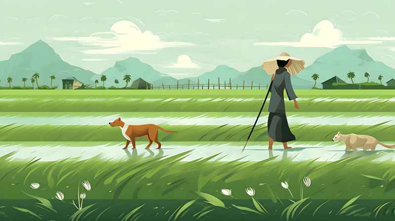 妇女站在稻田与狗，绿色插画风格 20