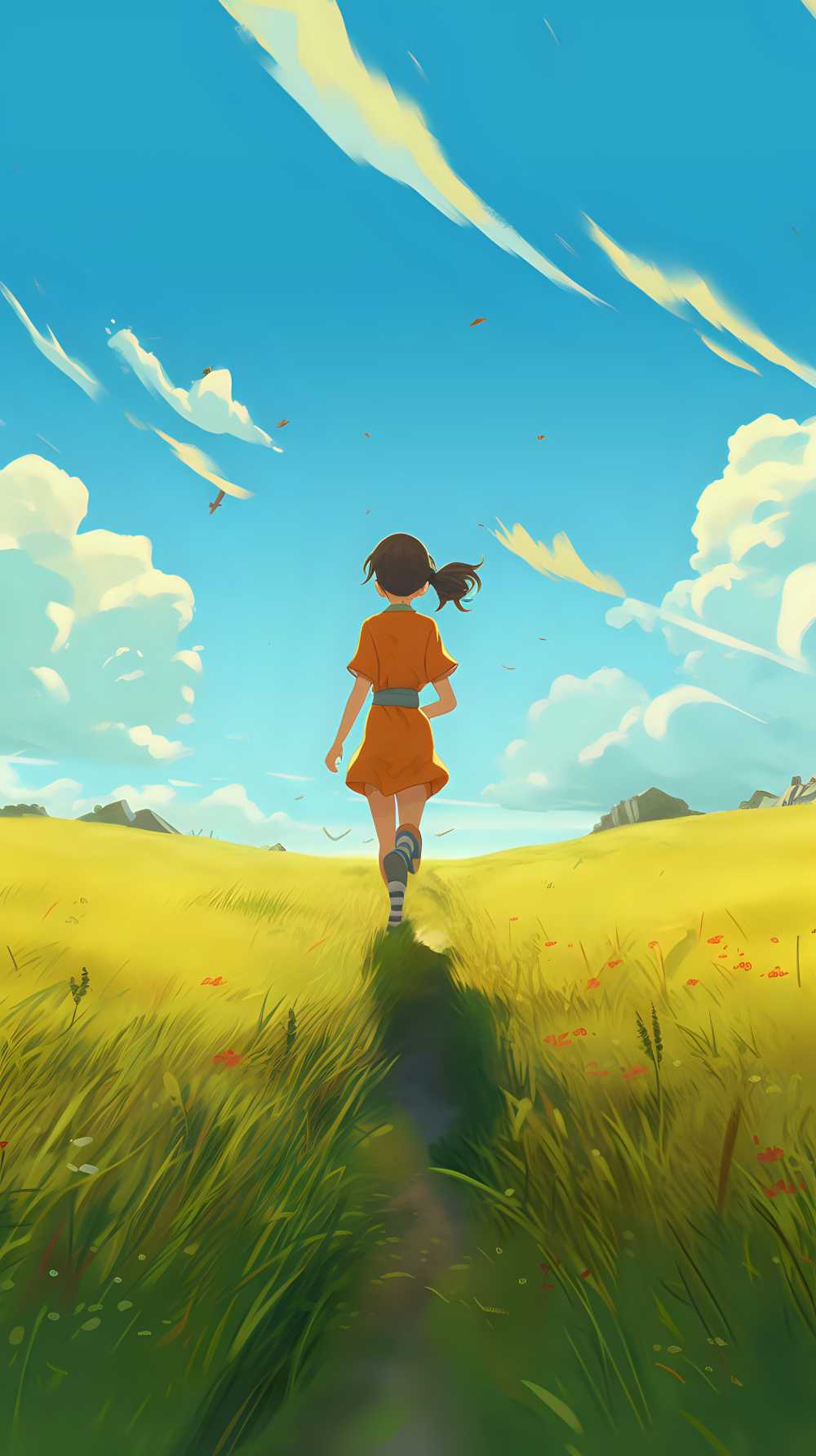 女孩在绿色的田野上奔跑