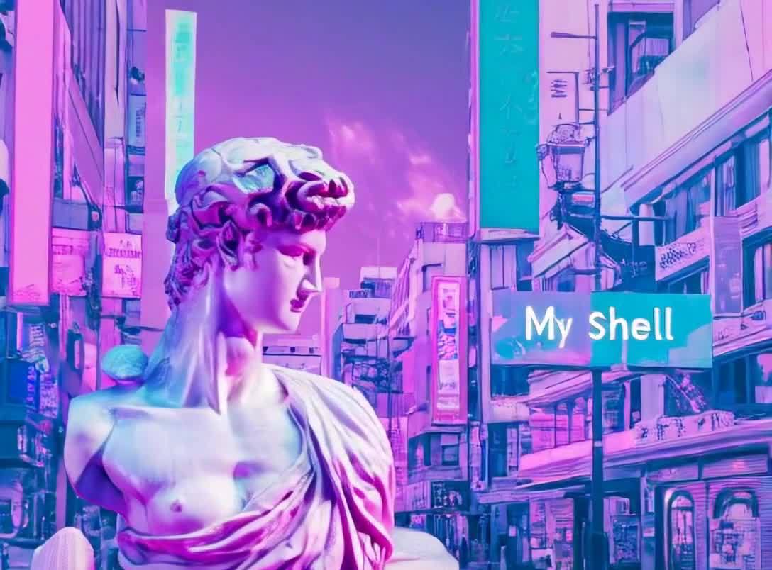 大卫雕像置于霓虹城市，赛博朋克风格。