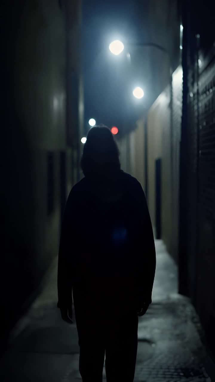 一个人在黑暗的小巷中行走，街灯投下长长的阴影。场景