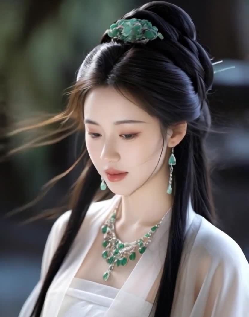 古典美人低头凝视，发髻绿饰白衣玉石首饰。