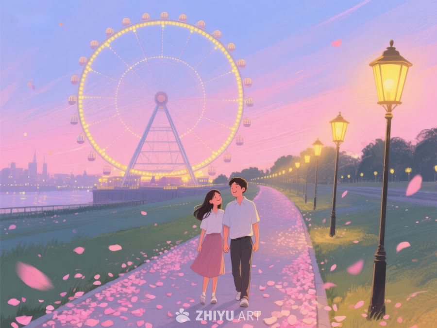 情侣漫步樱花大道，摩天轮映衬浪漫夜景 555