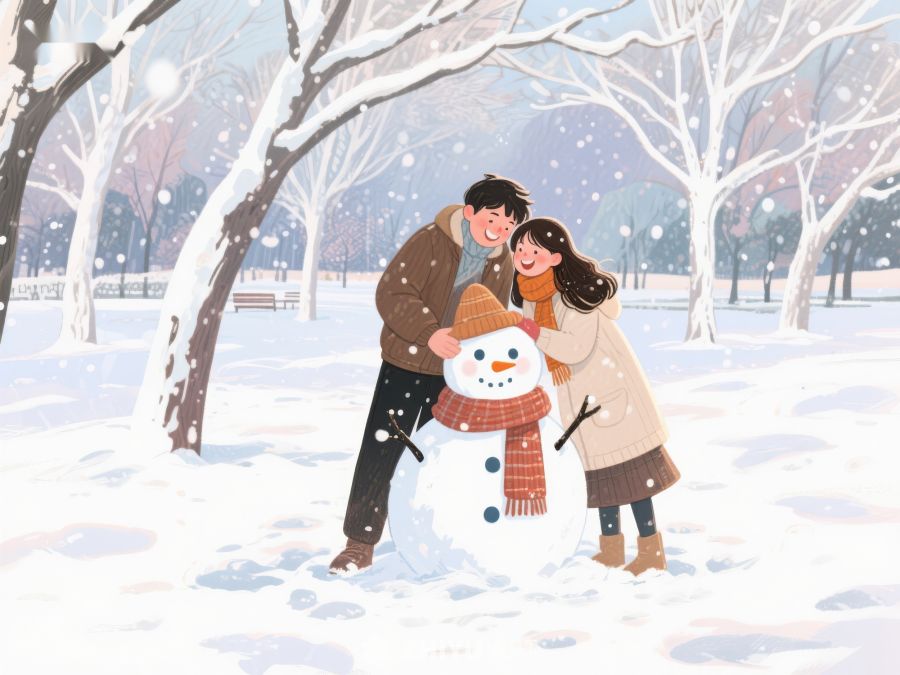 冬日雪景中，情侣与雪人合影 128