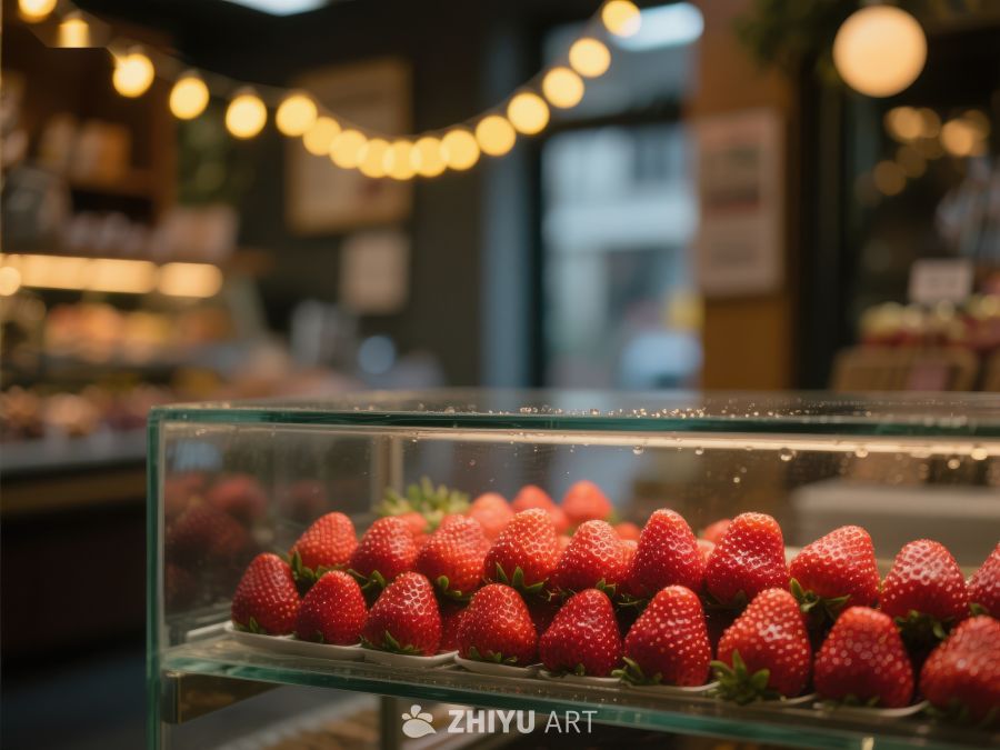 新鲜草莓陈列于明亮烘焙店内 653