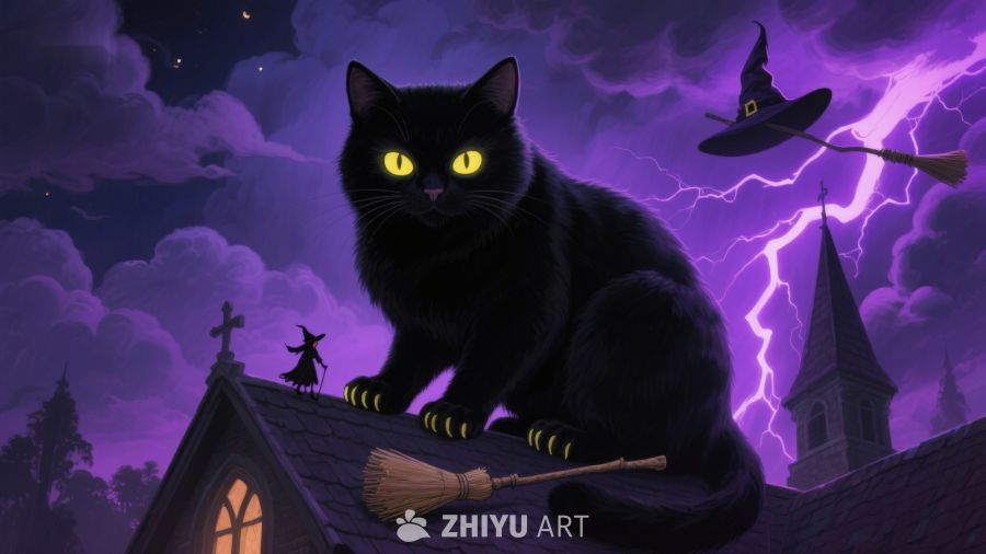 黑猫屋顶静坐，闪电夜空巫帽飞舞