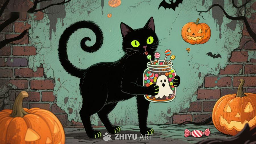 万圣节黑猫手持糖果罐