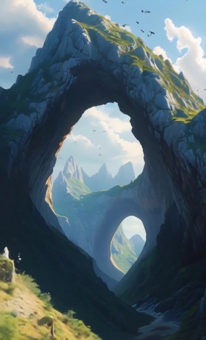 一个巨大的山体岩石结构，中间有一个巨大的空洞，远处