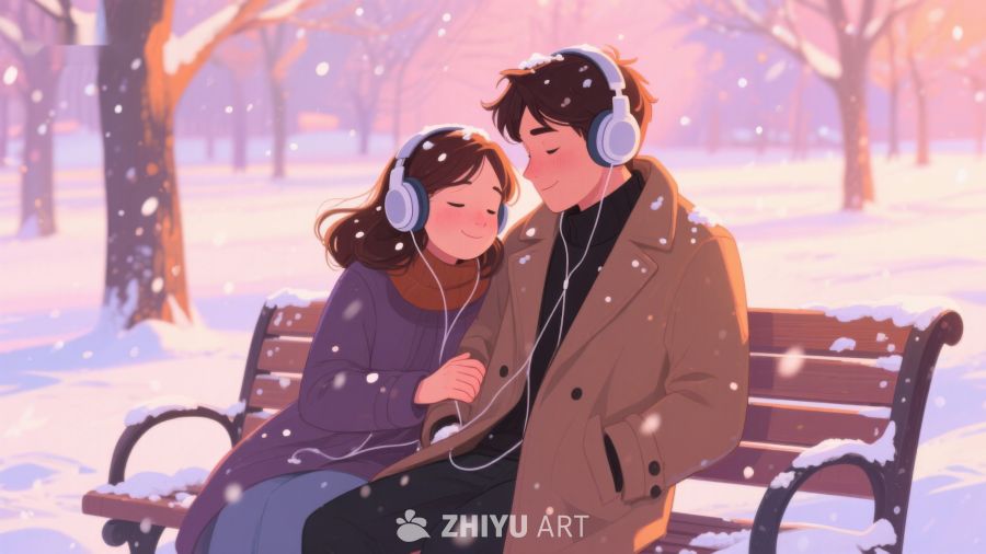 冬日雪景中共享音乐的两人 156