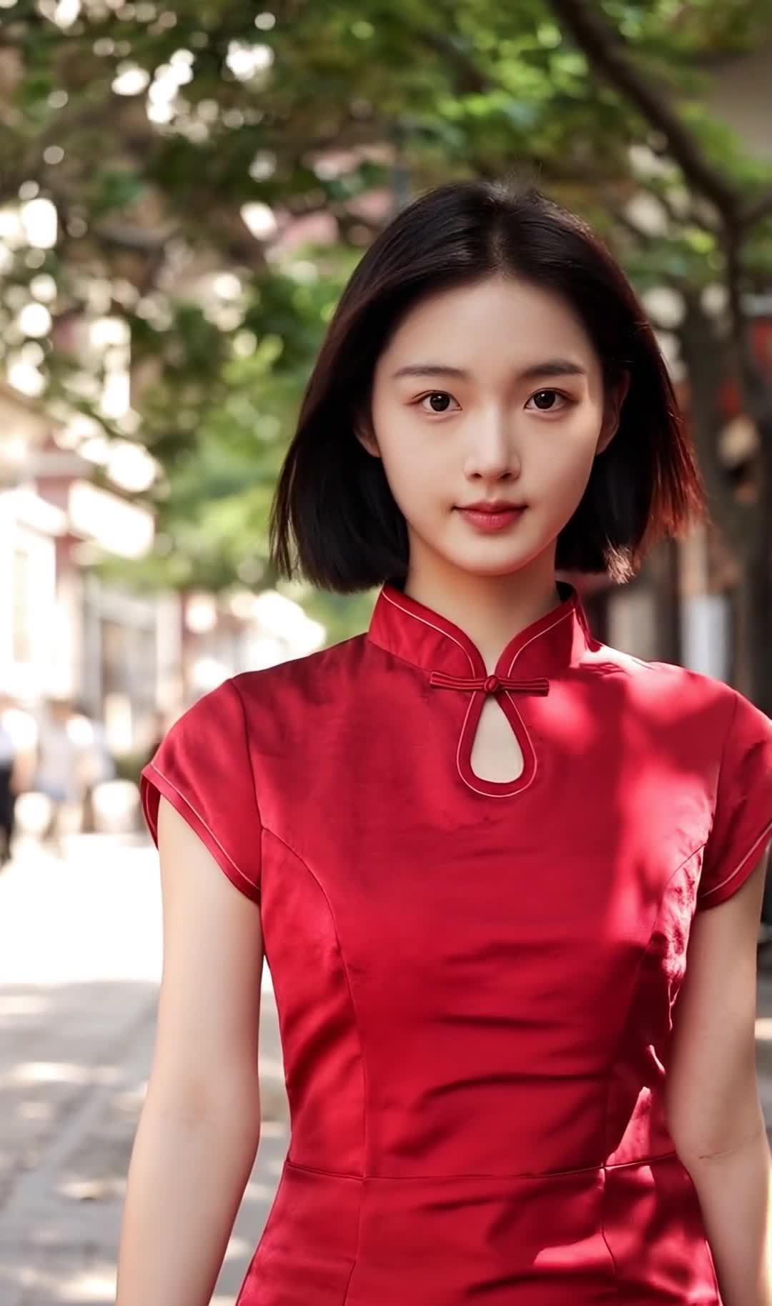 一位18岁的中国女性身穿红色旗袍，黑色短发，黑色的